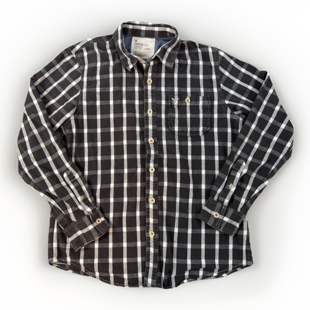 American Eagle Flannel Shirt Men's Large Brown Plaid Embroidered Logo